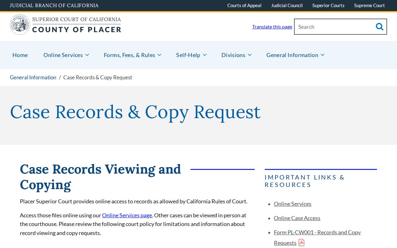 Lincoln public records route for Placer court case copies